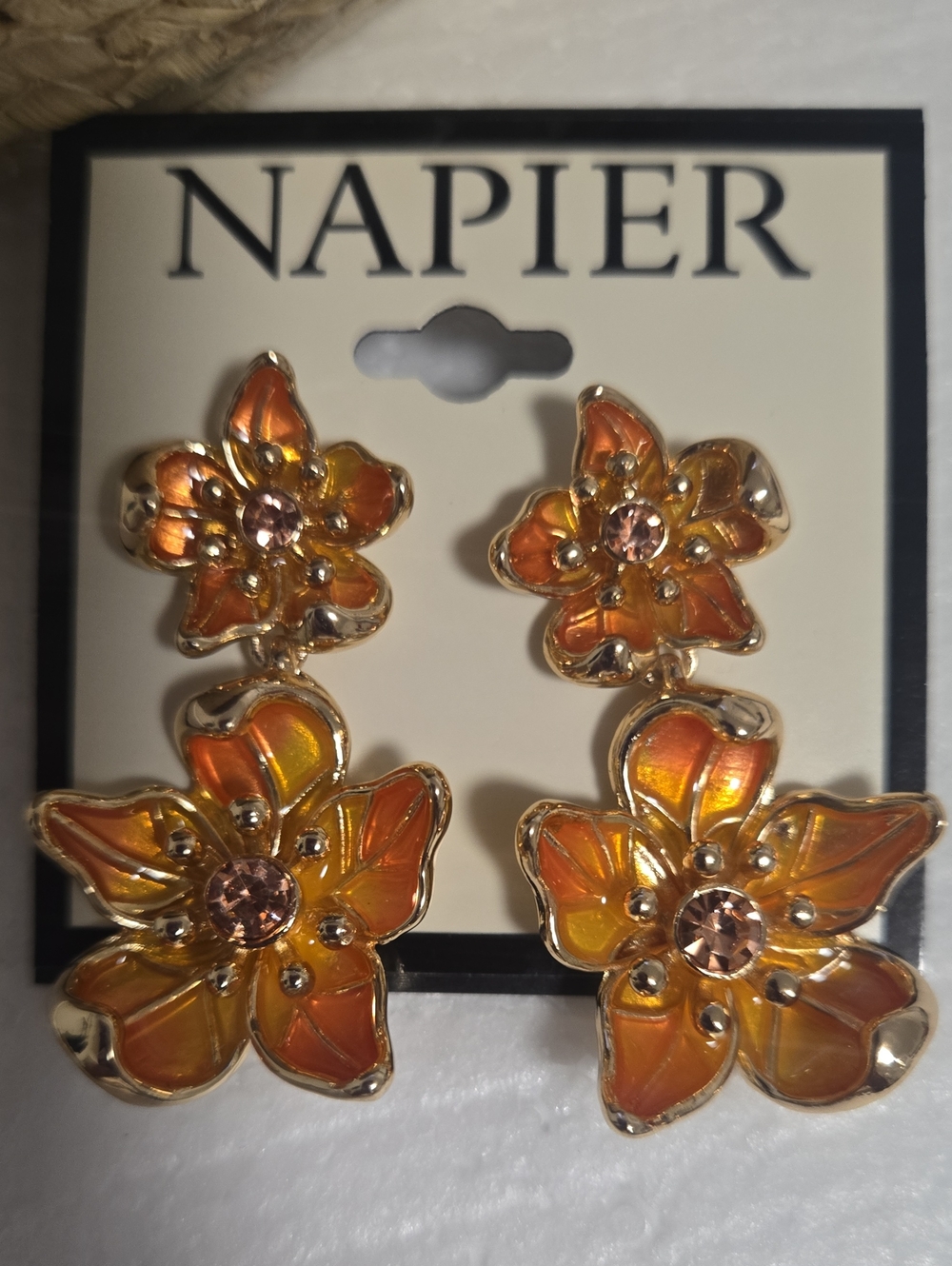 New! Napier Gold Floral Drop Earrings with Orange Detailing